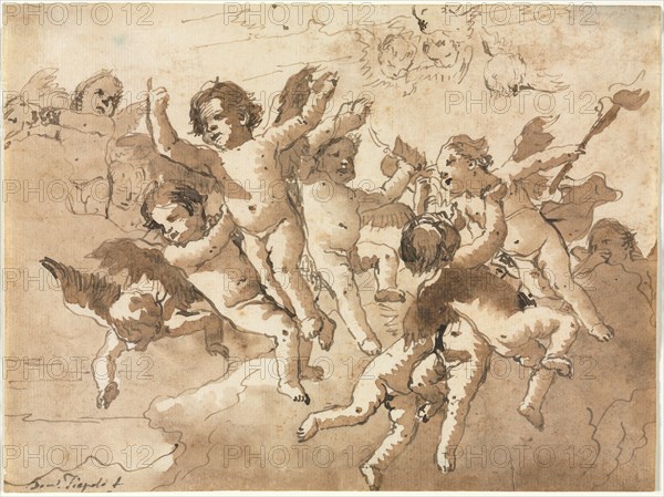 Cupid in the Clouds with Attendant Cherubs, 1757 or after. Giovanni Domenico Tiepolo (Italian, 1727-1804). Pen and brown ink and brush and brown wash; sheet: 18.4 x 24.6 cm (7 1/4 x 9 11/16 in.).