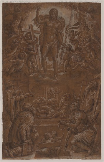 The Risen Christ Adored by Saints and Angels, 1566-1568. Giorgio Vasari (Italian, 1511-1574). Point of brush and brown ink and black chalk with traces of stylus, heightened with white; sheet: 41.9 x 26.5 cm (16 1/2 x 10 7/16 in.).