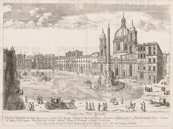 Piazza Navona from "Prospectus Locurum Urbis Romae Insign[ium], 1666. Lievin Cruyl (Flemish, c. 1640-c. 1720). Etching; sheet: 41.8 x 55.3 cm (16 7/16 x 21 3/4 in.); platemark: 38.8 x 52.9 cm (15 1/4 x 20 13/16 in.); secondary support: 44.7 x 68.7 cm (17 5/8 x 27 1/16 in.).