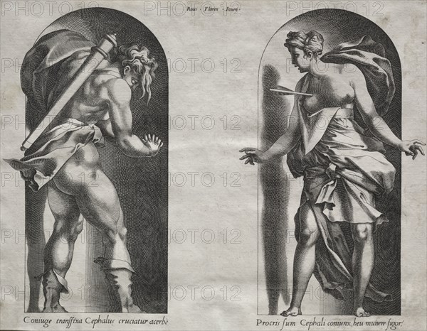 Cephalus and Procris in two Niches, 1538-1540. René Boyvin (French, c. 1525-aft 1580), after Rosso Fiorentino (Italian, 1494-1540). Engraving; sheet: 20.7 x 26.6 cm (8 1/8 x 10 1/2 in.)