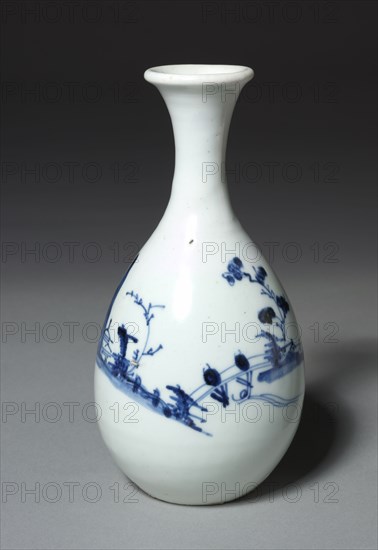 Sake Bottle: Arita Ware, Ko Imari Type, mid 17th century. Japan, Edo Period (1615-1868). Porcelain with underglaze blue landscape design; diameter: 10.2 cm (4 in.); overall: 20 cm (7 7/8 in.).