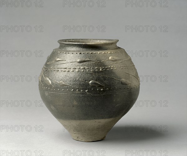 Globular Pot, 25-50. Rhenish (Cologne), Gallo-Roman, 2nd quarter 1st Century. Gray ware with black burnished slip and Barbotine decoration; diameter: 21 cm (8 1/4 in.); overall: 20.5 cm (8 1/16 in.).