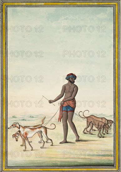 Dog Walker, early 1830's. India, Lucknow, Company School, 19th century. Ink and gouache on paper with pale yellow border; overall: 22.2 x 15.9 cm (8 3/4 x 6 1/4 in.).