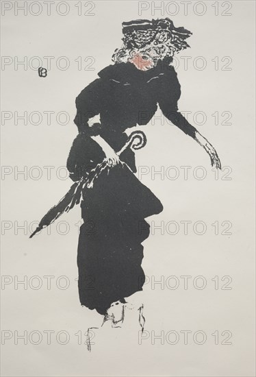 Woman with an Umbrella, 1894. Pierre Bonnard (French, 1867-1947), Published by L'Estampeoriginale in the Album de la Revue blanche, 1895. Color lithograph; sheet: 32.1 x 25.1 cm (12 5/8 x 9 7/8 in.); image: 22 x 12.7 cm (8 11/16 x 5 in.).