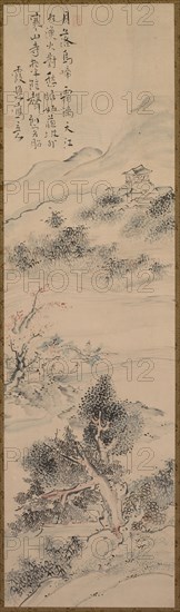 Illustration of Zhang Qi's Poem on the Cold Mountain Temple, 18th century. Ike Taiga (Japanese, 1723-1776). Hanging scroll; ink and color on paper; overall: 210.8 x 53 cm (83 x 20 7/8 in.); painting only: 134.5 x 38.4 cm (52 15/16 x 15 1/8 in.).