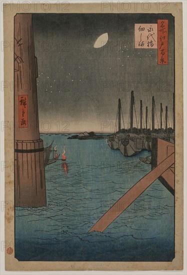 Tsukudajima from  Eitai Bridge, from the series One Hundred Views of Famous Places in Edo, 1858. Utagawa Hiroshige (Japanese, 1797-1858). Color woodblock print; sheet: 36.5 x 24.5 cm (14 3/8 x 9 5/8 in.).