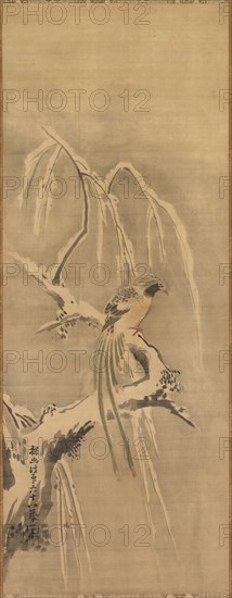 Chinese Bird on Snow-Laden Branch, 17th century. Kano Tan’yu (Japanese, 1602-1674). Hanging scroll; ink and slight color on silk; painting only: 97.5 x 37.5 cm (38 3/8 x 14 3/4 in.); including mounting: 181.9 x 54 cm (71 5/8 x 21 1/4 in.).
