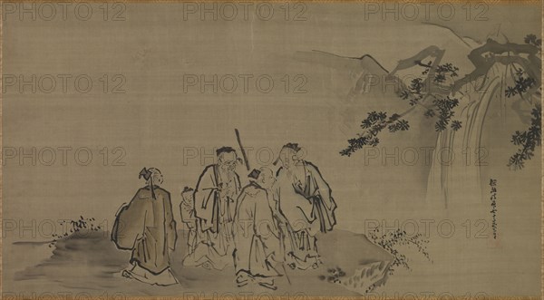 Chinese Sages, 17th century. Attributed to Kano Tan’yu (Japanese, 1602-1674). Hanging scroll; ink on silk; painting only: 48 x 88.5 cm (18 7/8 x 34 13/16 in.); including mounting: 145.5 x 98.5 cm (57 5/16 x 38 3/4 in.).