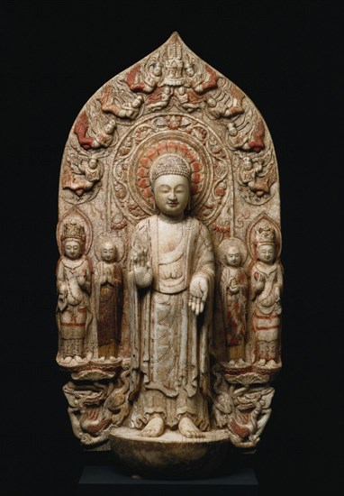 Stele with Shakyamuni and Maitreya, c. 570s. China, Northern Qi dynasty (550-577). Marble with polychromy; overall: 119 cm (46 7/8 in.).