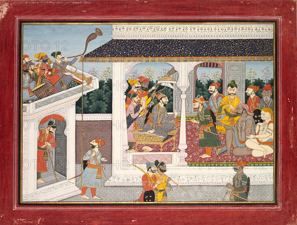 Illustration to the Tenth and Eleventh Book of Purana, c. 1830. India, Pahari Hills, Kangra school, 19th century. Ink and color on paper; overall: 29.2 x 37.4 cm (11 1/2 x 14 3/4 in.); painting only: 22.9 x 32.4 cm (9 x 12 3/4 in.).
