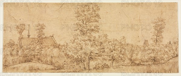 Trees before a Village, third quarter 17th century. Attributed to Jan Lievens (Dutch, 1607-1674). Point of brush and brown ink and brush and brown wash over traces of black chalk; framing lines in brown ink (bottom and right edges); sheet: 13.8 x 33.7 cm (5 7/16 x 13 1/4 in.).