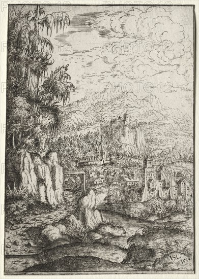 Landscape with a Road to a Castle on an Island in a River, 1554. Hanns Lautensack (German, 1524-1566). Etching