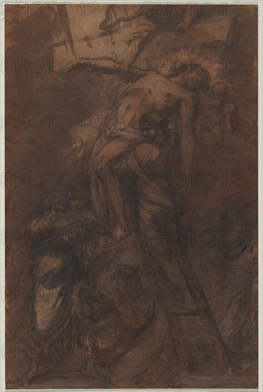 Descent from the Cross, 1600s. Anonymous. Black chalk or crayon, and brush and brown wash, with traces of red chalk heightened with white gouache; framing lines in black ink (bottom); sheet: 42.5 x 28.1 cm (16 3/4 x 11 1/16 in.); secondary support: 42.5 x 28.1 cm (16 3/4 x 11 1/16 in.).