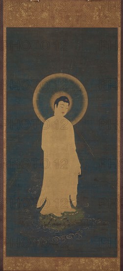 Welcoming Descent of Amida Buddha (Raigo), about 1270—1333. Japan, Kamakura Period  (1185-1333). Hanging scroll; ink, color, gold and cut gold on silk; painting only: 95.3 x 46.6 cm (37 1/2 x 18 3/8 in.); overall: 171 x 64.2 cm (67 5/16 x 25 1/4 in.); overall with knobs: 171 x 68.6 cm (67 5/16 x 27 in.).