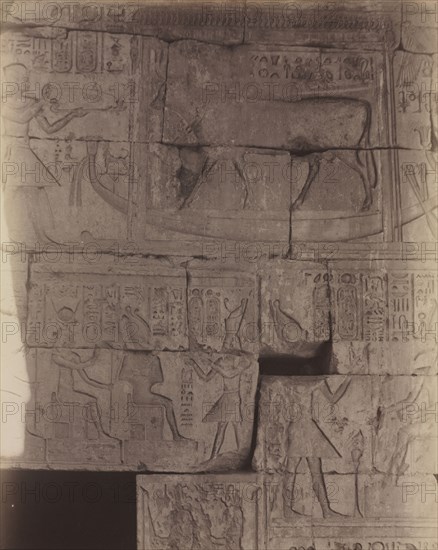 Deir el-Medineh, Sacred Barge, c. 1870s - 1880. Antonio Beato (British, c. 1825-1903). Albumen print from wet collodion negative; image: 26.1 x 20.1 cm (10 1/4 x 7 15/16 in.); matted: 50.8 x 40.6 cm (20 x 16 in.)