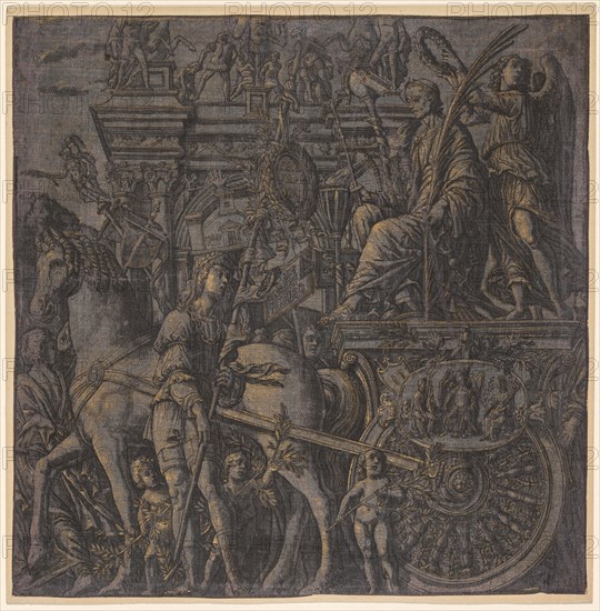 The Triumph of Julius Caesar: Caesar Triumphant, 1593-99. Andrea Andreani (Italian, about 1558–1610), after Andrea Mantegna (Italian, 1431-1506). Woodcut printed on silk, heightened by hand with gold; sheet: 37.6 x 37.3 cm (14 13/16 x 14 11/16 in.)