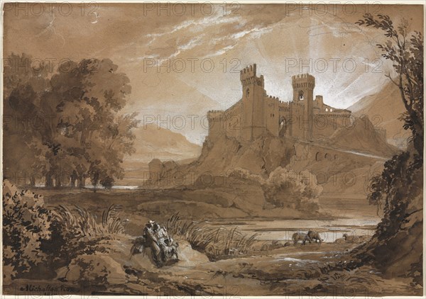 Landscape with Castle and Shepherds, 1814. Achille Etna Michallon (French, 1796-1822). Brown ink and brown wash over graphite, heightened with white gouache ; sheet: 18.8 x 27 cm (7 3/8 x 10 5/8 in.).