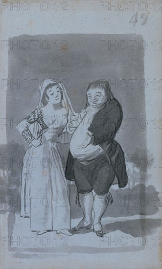 Prostitute Soliciting a Fat, Ugly Man (recto), 1796-1797. Francisco de Goya (Spanish, 1746-1828). Brush and black and gray wash; sheet: 23.5 x 14.5 cm (9 1/4 x 5 11/16 in.); image: 18.7 x 12 cm (7 3/8 x 4 3/4 in.).