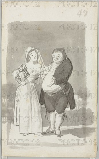 Prostitute Soliciting a Fat, Ugly Man (recto); Young Woman Wringing Her Hands over a Man's Naked Body (verso), 1796-1797. Francisco de Goya (Spanish, 1746-1828). Brush and black and gray wash; sheet: 23.5 x 14.5 cm (9 1/4 x 5 11/16 in.); image: 18.7 x 12 cm (7 3/8 x 4 3/4 in.).