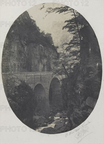 Gorge at Eaux Chaudes, Pyrenees, c. 1855. Jean-Jacques Heilmann (French, 1822-1859). Salted paper print from wet collodion negative; image: 25.8 x 19.7 cm (10 3/16 x 7 3/4 in.); matted: 61 x 50.8 cm (24 x 20 in.)
