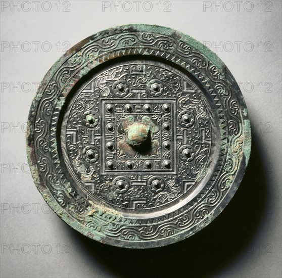 TLV Mirror with Four Spirits and Companions, 1st century BC-1st century AD. China, Western Han dynasty (202 BC-AD 9). Bronze; diameter: 19 cm (7 1/2 in.); overall: 1.2 cm (1/2 in.); rim: 0.7 cm (1/4 in.).