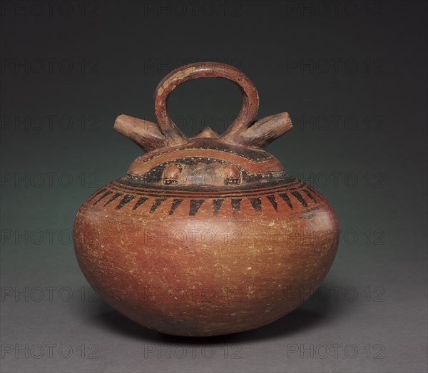 Double-Spouted Vessel with Reclining Figure, c. 1-800. Colombia, Calima region, Yotoco style, 1st-8th Century. Ceramic, slip, resist paint; diameter: 19.6 x 19.5 cm (7 11/16 x 7 11/16 in.); overall: 19.6 x 19.5 cm (7 11/16 x 7 11/16 in.).