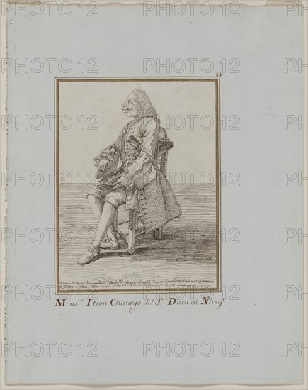 Monsieur Ition Chirurgo del sre. Duca di Nivers, 1749. Pier Leone Ghezzi (Italian, 1674-1755). Pen and brown ink over graphite; framing lines in brown ink; sheet: 26.7 x 20.2 cm (10 1/2 x 7 15/16 in.); secondary support: 47.9 x 37.9 cm (18 7/8 x 14 15/16 in.).