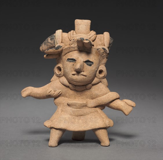 Tripod Whistle Figurine, c. 150-1 BC. Mexico, Veracruz, Remojadas, 2nd-1st Century BC. Earthenware with asphalt paint; overall: 15.4 x 14.6 x 5.3 cm (6 1/16 x 5 3/4 x 2 1/16 in.).