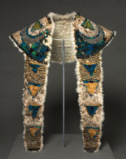 Pelerine (Collar or Cape), c. 1830-1860. Northeastern Woodlands, Great Lakes/St. Lawrence River Region or Europe. Cotton, peacock feathers, guinea fowl feathers?, Gadwalls duck feathers; overall: 92.7 x 166.4 cm (36 1/2 x 65 1/2 in.)