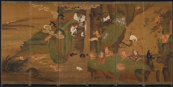 Gibbons in a Landscape, late 1800s or early 1900s. Korea, Joseon dynasty (1392-1910). Six-fold screen, ink and color on hemp; painting only: 104.8 x 393.7 cm (41 1/4 x 155 in.).