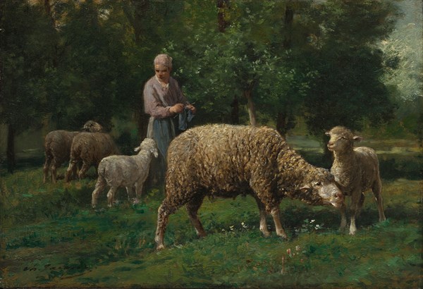 Shepherdess with Sheep, c. 1876. Charles-Émile Jacque (French, 1813-1894). Oil on wood panel; unframed: 31.5 x 46.2 cm (12 3/8 x 18 3/16 in.)