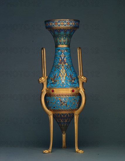 Vase, c. 1862. Firm of Ferdinand Barbedienne (French, 1810-1892), Louis-Constant Sévin (French, 1821-1888). Gilt bronze with enamel decoration; overall: 78.7 x 27.3 cm (31 x 10 3/4 in.).