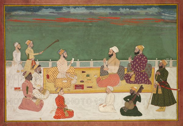 Group Portrait of Rajas Surrounded by the Courtly Retinue, c. 1700-20. Southern India, Deccan. Opaque watercolor and gold on paper; overall: 22 x 32.7 cm (8 11/16 x 12 7/8 in.).