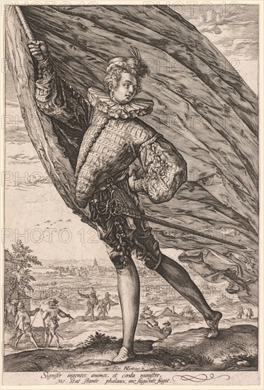 The Standard Bearer, Turned to Left, 1587. Hendrick Goltzius (Dutch, 1558–1617). Engraving; sheet: 27.9 x 18.9 cm (11 x 7 7/16 in.); image: 26.8 x 18.7 cm (10 9/16 x 7 3/8 in.)