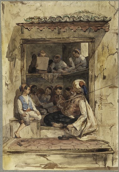 Boy's School, 19th Century. Emile Aubert Lessoire (French, 1805-1876). Watercolor with gouache over graphite, with traces of gold paint; sheet: 35.8 x 24.6 cm (14 1/8 x 9 11/16 in.); secondary support: 40 x 32.9 cm (15 3/4 x 12 15/16 in.).