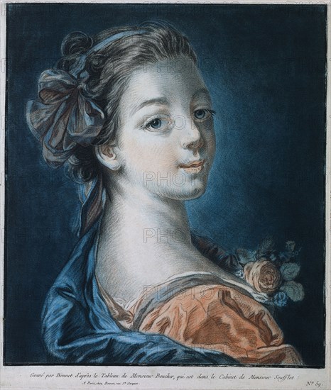 Head of a Woman (Mme. Deshayes?), c. 1771. Louis-Marin Bonnet (French, 1736-1793), after François Boucher (French, 1703-1770). Color chalk-manner etching and engraving; image: 41.5 x 35.7 cm (16 5/16 x 14 1/16 in.)