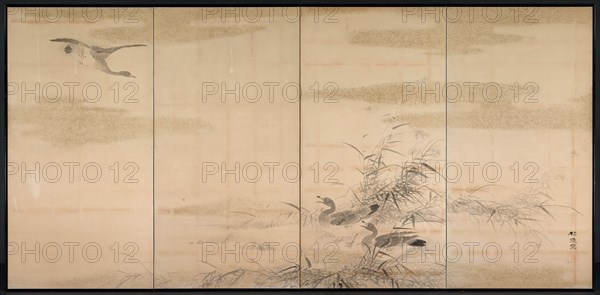 Geese, Reeds, and Water, 1800s. Yamamoto Baiitsu (Japanese, 1783-1856). Pair of four-panel folding screens; ink, color, and cut gold foil on paper; overall: 169 x 350.5 cm (66 9/16 x 138 in.).