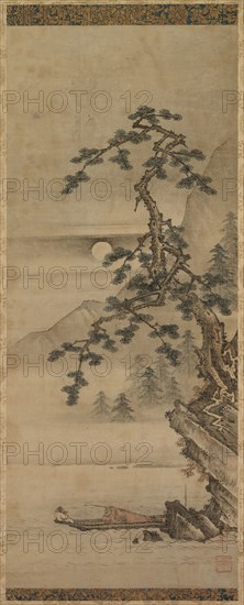 Moonlit Landscape of Pine Tree with Old Man in Boat, Muromachi period, 1392-1573. Oguri Sotan (Japanese, 1413-1481). Hanging scroll; ink on paper; image: 118.8 x 50.2 cm (46 3/4 x 19 3/4 in.).