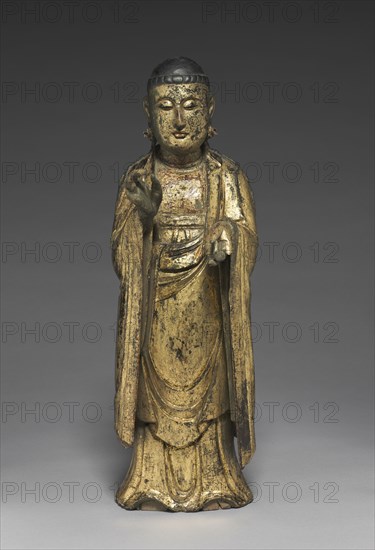 Standing Bodhisattva, 1400s. Korea, Joseon dynasty (1392-1910). Wood with lacquer and gold, and metal earrings; overall: 48.6 x 15.6 x 18.2 cm (19 1/8 x 6 1/8 x 7 3/16 in.).