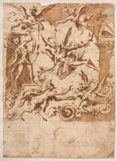 Grotesque with a Satyr Feeding a Dragon (recto), c. 1565/1588. Marco Marchetti (Italian, 1565-1588). Pen and brown ink and brush and brown wash, over traces of black chalk; sheet: 27.4 x 19.8 cm (10 13/16 x 7 13/16 in.); secondary support: 31.4 x 23 cm (12 3/8 x 9 1/16 in.).