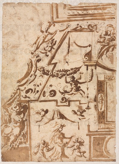 Grotesque with a Leaping Centaur (verso), c. 1565/1588. Marco Marchetti (Italian, 1565-1588). Pen and brown ink and brush and brown wash, over traces of black chalk; sheet: 27.4 x 19.8 cm (10 13/16 x 7 13/16 in.); secondary support: 31.4 x 23 cm (12 3/8 x 9 1/16 in.).