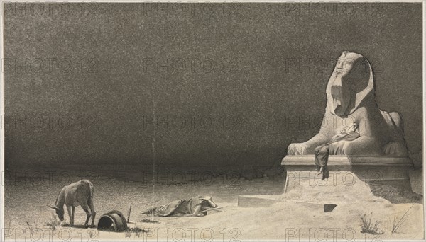 The Rest on the Flight into Egypt (recto); Sketch of a Sphinx [?] (verso), c. 1879-80. Luc-Olivier Merson (French, 1846-1920). Gray and graphite wash, with scraping and traces of black chalk; sheet: 14.5 x 25.5 cm (5 11/16 x 10 1/16 in.); secondary support: 27.9 x 39 cm (11 x 15 3/8 in.).