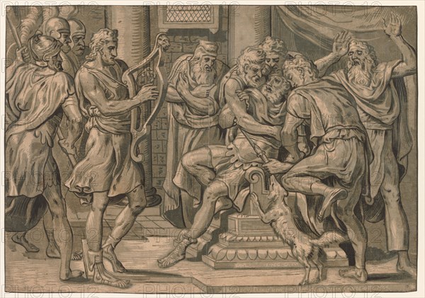 David Playing the Harp before Saul, 1555. Frans Floris (Dutch, 1519-1570). Chiaroscuro woodcut; sheet: 33.4 x 47.9 cm (13 1/8 x 18 7/8 in.)