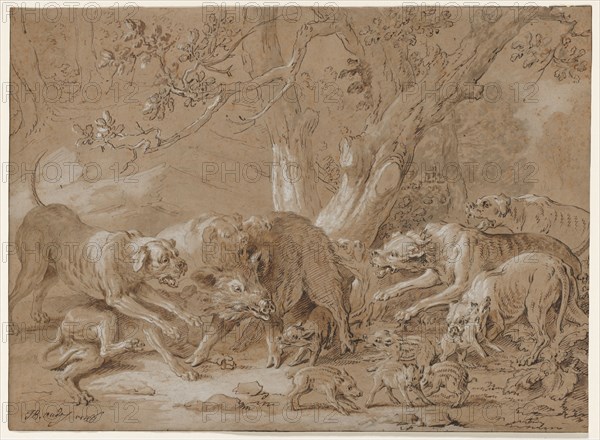 Wild Sow and Her Young Attacked by Dogs, 1748. Jean-Baptiste Oudry (French, 1686-1755). Pen and brown and gray ink, brown and gray wash, heightened with white gouache on light brown laid paper; sheet: 37.7 x 51.7 cm (14 13/16 x 20 3/8 in.).