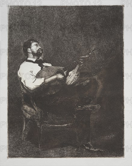 Première suite de dix eaux-fortes par François Bonvin, peintre: Guitar Player, 1861. François Bonvin (French, 1817-1887). Etching; sheet: 44.5 x 30.6 cm (17 1/2 x 12 1/16 in.); platemark: 28.1 x 21.5 cm (11 1/16 x 8 7/16 in.)
