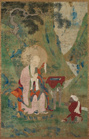 Lohan (Immortal), 1600s. Tibet, Sino-Tibetan style, 17th century. Ink and slight color on cotton; image: 84.4 x 52.2 cm (33 1/4 x 20 9/16 in.); overall: 111.1 x 69.5 cm (43 3/4 x 27 3/8 in.).