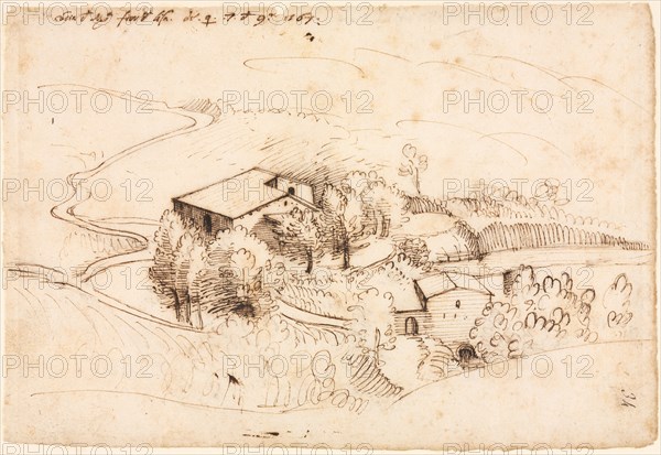 Farm with Trees in a Hilly Landscape (recto), 1567. Gherardo Cibo (Italian, 1512-1600). Pen and brown ink (iron gall); sheet: 14.4 x 21.2 cm (5 11/16 x 8 3/8 in.); secondary support: 22.4 x 28.7 cm (8 13/16 x 11 5/16 in.).
