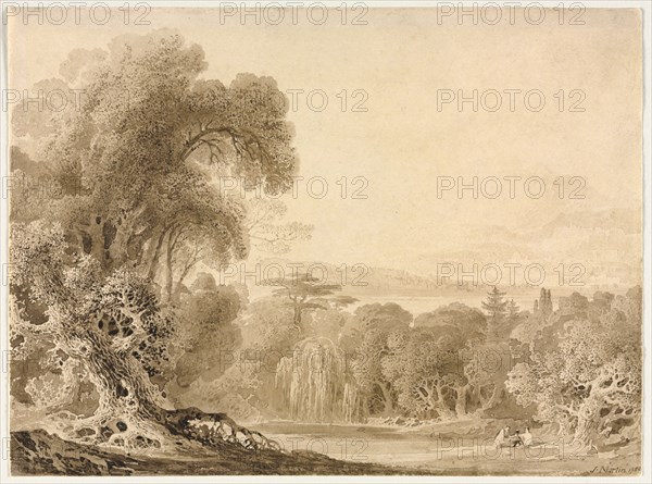 Figures Seated by a Lake in a Wooded Landscape, 1820. John Martin (British, 1789-1854). Brown wash and point of brush with graphite underdrawing; sheet: 19.8 x 26.6 cm (7 13/16 x 10 1/2 in.).