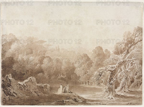 A Man Playing a Harp with other Figures beside a Lake, 1820. John Martin (British, 1789-1854). Brown wash with graphite; sheet: 19.7 x 26.8 cm (7 3/4 x 10 9/16 in.).