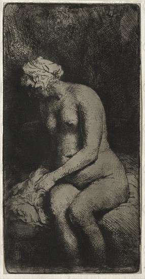 Woman Bathing Her Feet in a Brook, 1658. Rembrandt van Rijn (Dutch, 1606-1669). Etching with drypoint and surface tone; sheet: 15.9 x 8.1 cm (6 1/4 x 3 3/16 in.); platemark: 15.9 x 7.9 cm (6 1/4 x 3 1/8 in.); secondary support: 20.9 x 11.7 cm (8 1/4 x 4 5/8 in.)